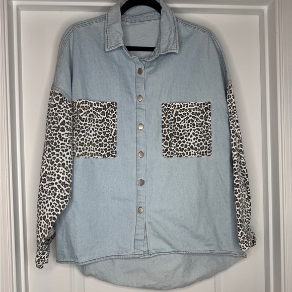 Women’s Contrast Leopard Denim Jean Button Up Oversize Jacket / Shacket, Sz L - Picture 1 of 8
